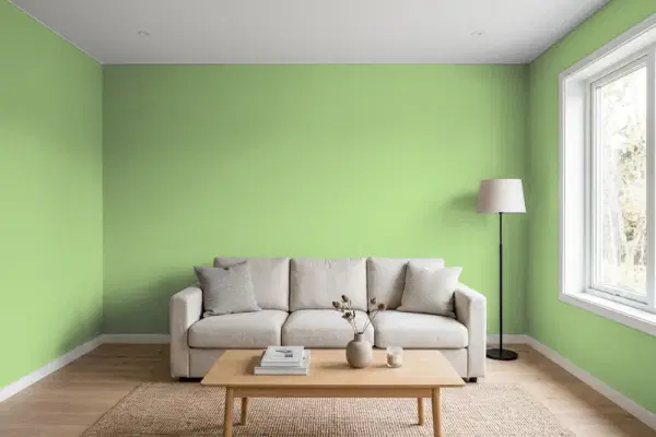 Living room with walls painted Behr Gleeful P380-5 (simulated)