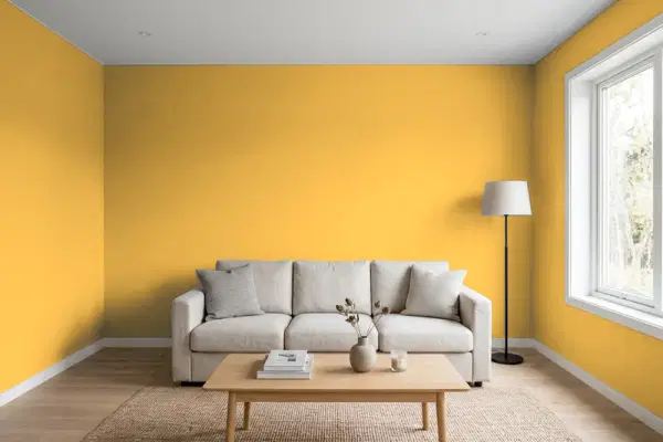 Living room with walls painted Benjamin Moore Glen Ridge Gold 301 (simulated)