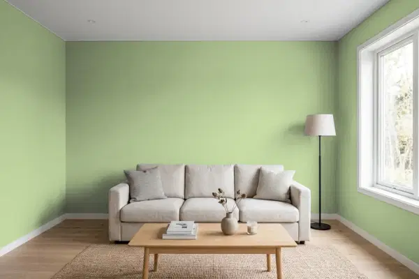 Living room with walls painted Valspar Gloaming Green 6001-6A (simulated)