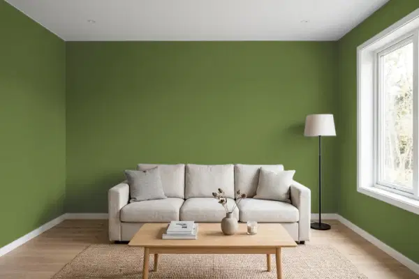 Living room with walls painted PPG Paints Globe Artichoke 1121-7 (simulated)