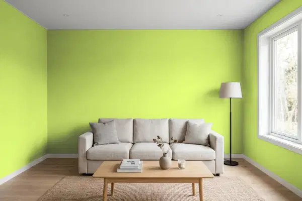 Living room with walls painted PPG Paints Glow Worm 1220-6 (simulated)