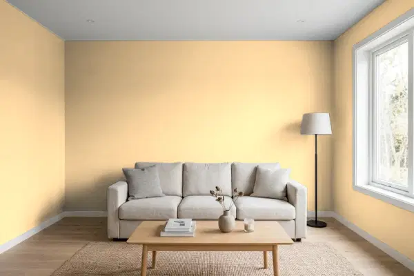Living room with walls painted Benjamin Moore Glowing Apricot 165 (simulated)
