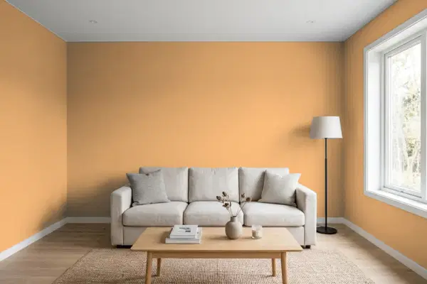 Living room with walls painted Behr Golden Aura MQ4-08 (simulated)