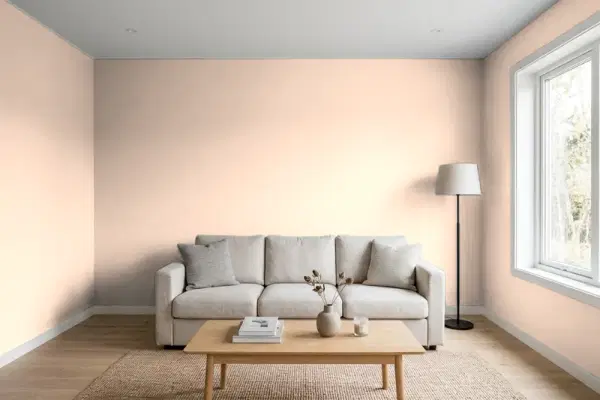 Living room with walls painted Benjamin Moore Golden Beige 100 (simulated)