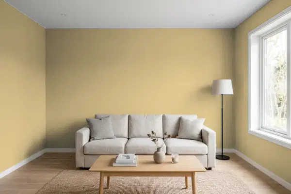Living room with walls painted Benjamin Moore Golden Divan CSP-1005 (simulated)