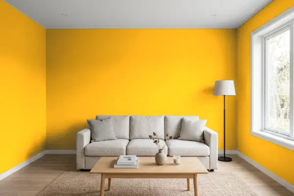 Living room with walls painted Valspar Golden Flame 3002-1A (simulated)