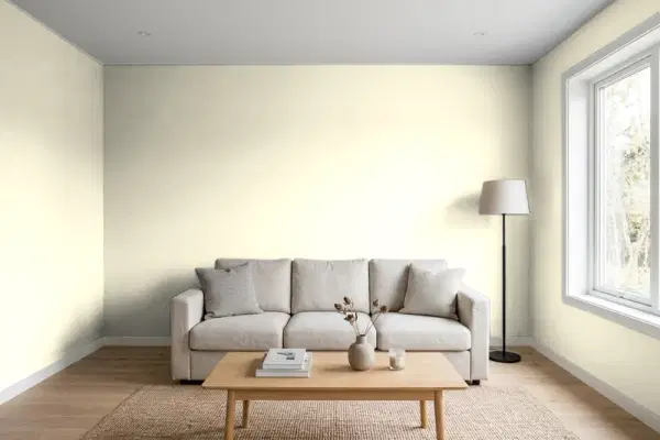 Living room with walls painted PPG Paints Golden Fleece 1214-2 (simulated)