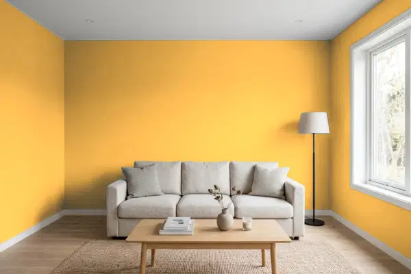 Living room with walls painted Valspar Golden Moon 3004-3B (simulated)