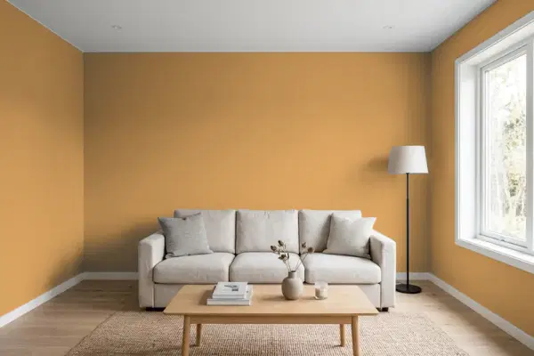 Living room with walls painted Benjamin Moore Golden Retriever 2165-30 (simulated)