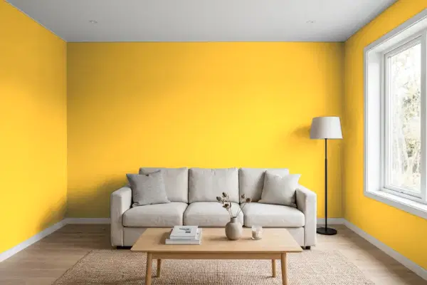 Living room with walls painted Valspar Golden Treasure 3004-1A (simulated)