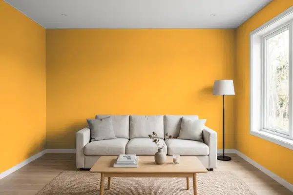 Living room with walls painted Benjamin Moore Golden Vista 308 (simulated)