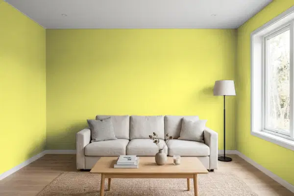 Living room with walls painted PPG Paints Got The Giggles 17-25 (simulated)