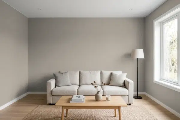Living room with walls painted Benjamin Moore Gothic Arch CSP-80 (simulated)