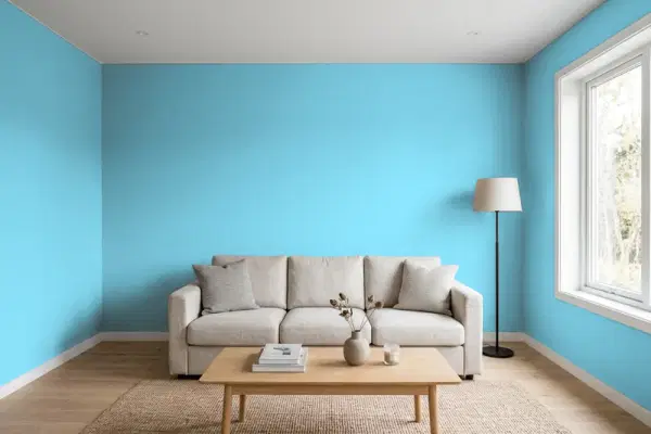 Living room with walls painted Benjamin Moore Graceful Sea 767 (simulated)
