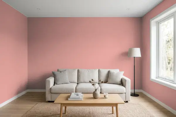 Living room with walls painted Behr Grand Sunset BIC-32 (simulated)