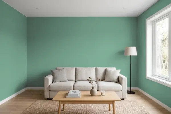 Living room with walls painted Sherwin-Williams Grandview SW 6466 (simulated)