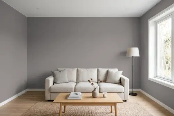 Living room with walls painted Benjamin Moore Granite AF-660 (simulated)