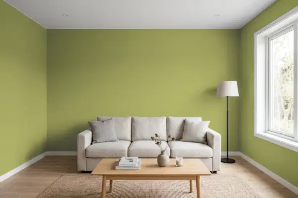 Living room with walls painted Behr Grape Leaves 400D-6 (simulated)
