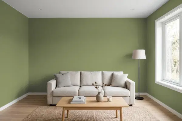 Living room with walls painted Behr Grape Vine 410F-6 (simulated)