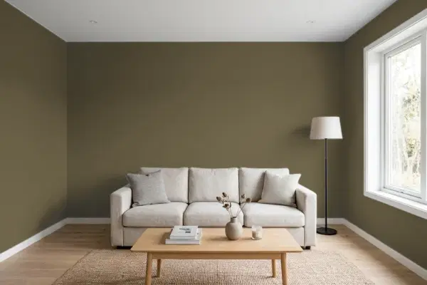 Living room with walls painted PPG Paints Grapevine 1027-7 (simulated)
