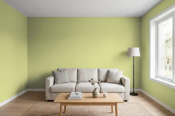 Living room with walls painted Behr Grass Cloth 400D-5 (simulated)