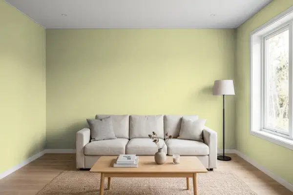 Living room with walls painted Benjamin Moore Grasshopper AF-415 (simulated)