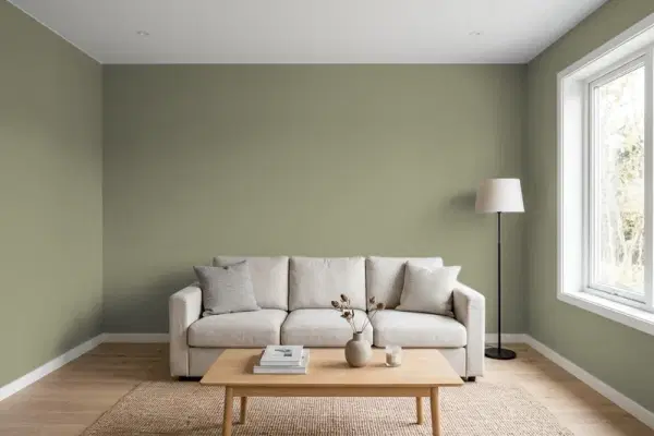 Living room with walls painted Behr Grasshopper Wing 400F-6 (simulated)