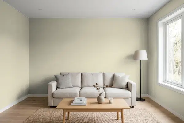 Living room with walls painted Sherwin-Williams Grassland SW 6163 (simulated)