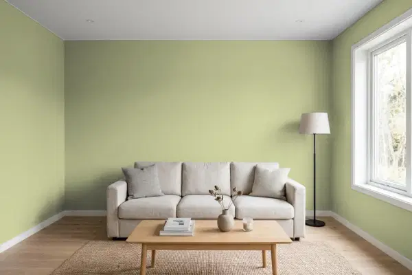 Living room with walls painted Benjamin Moore Grasslands CC-590 (simulated)