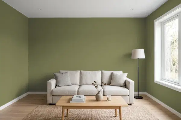 Living room with walls painted PPG Paints Gratefully Grass 1115-7 (simulated)
