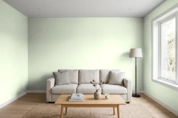 Living room with walls painted Sherwin-Williams Gratifying Green SW 6435 (simulated)