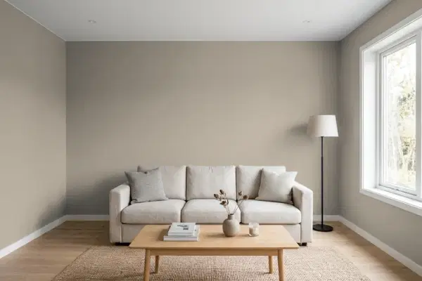 Living room with walls painted PPG Paints Gray By Me 1008-4 (simulated)