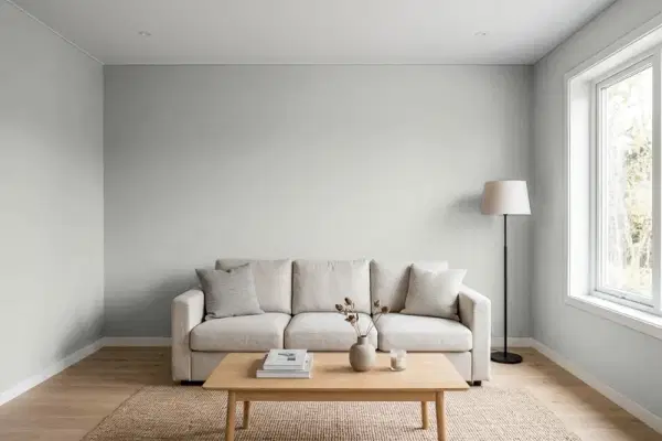Living room with walls painted Sherwin-Williams Gray Clouds SW 7658 (simulated)