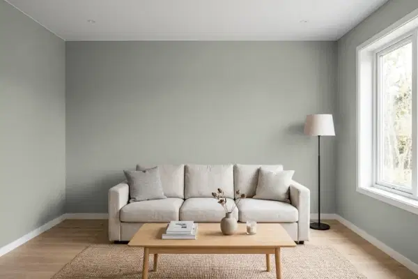 Living room with walls painted Valspar Gray Exposé 5007-2A (simulated)