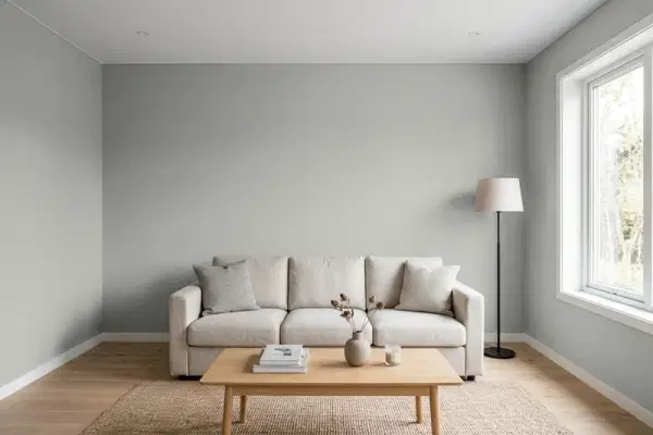 Living room with walls painted Sherwin-Williams Gray Matters SW 7066 (simulated)