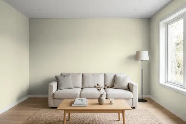 Living room with walls painted Benjamin Moore Gray Mirage 2142-50 (simulated)