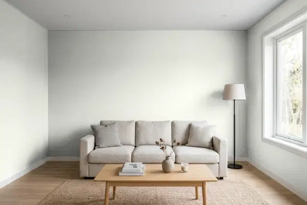 Living room with walls painted Benjamin Moore Gray Owl OC-52 (simulated)