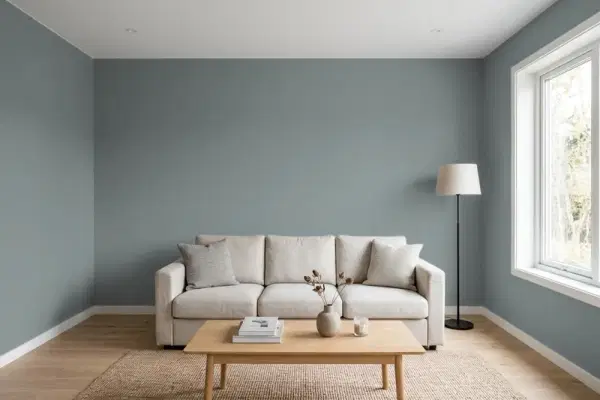 Living room with walls painted Benjamin Moore Gray Pinstripe 1588 (simulated)