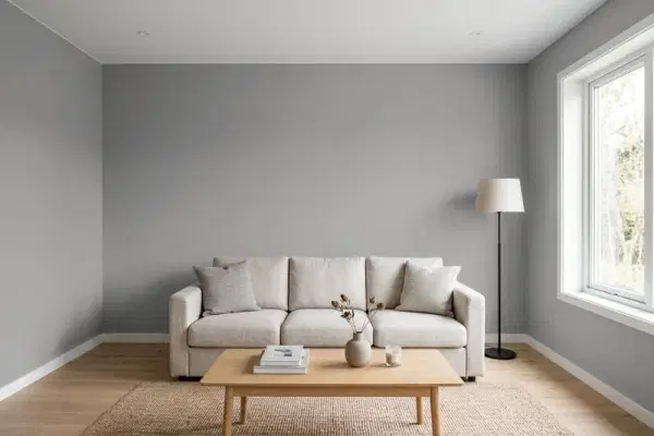 Living room with walls painted Sherwin-Williams Gray Shingle SW 7670 (simulated)