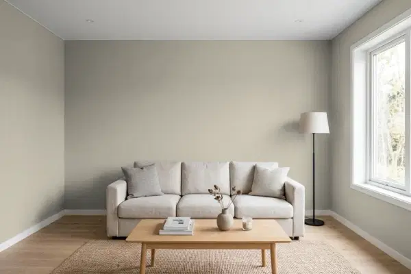 Living room with walls painted Valspar Gray Silt 6002-1C (simulated)