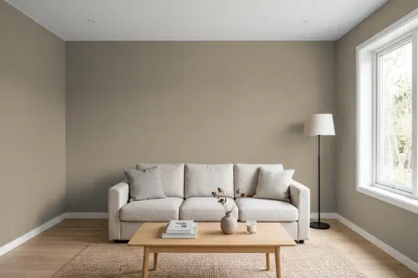 Living room with walls painted Behr Great Frontier ECC-14-2 (simulated)