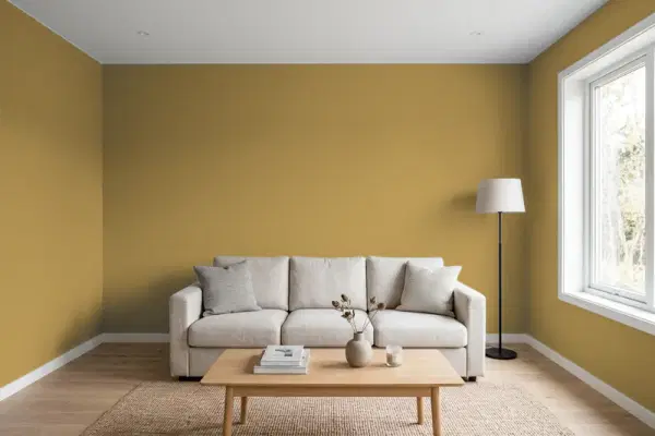 Living room with walls painted Benjamin Moore Grecian Gold 224 (simulated)
