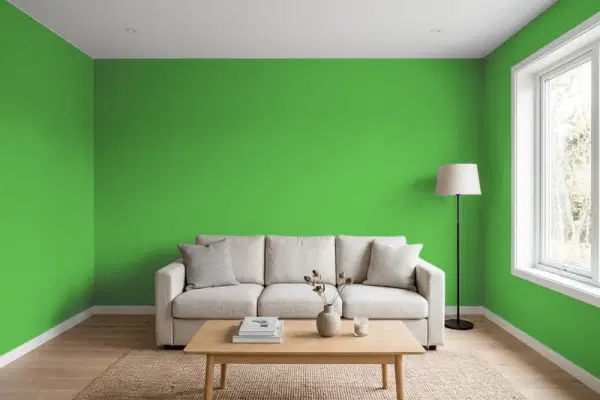 Living room with walls painted Behr Green Acres S-G-440 (simulated)