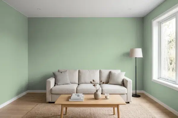 Living room with walls painted Behr Green Amazons PPH-53 (simulated)