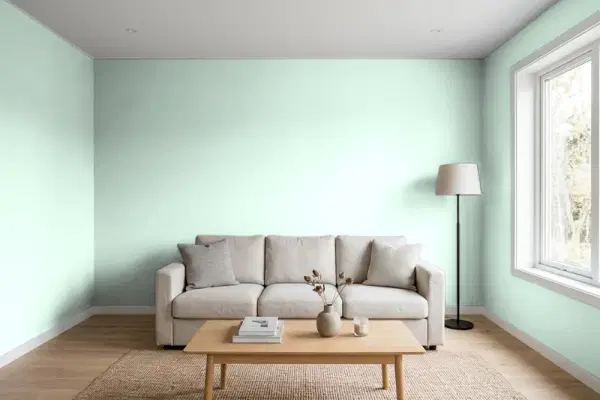 Living room with walls painted Behr Green Aqua M420-2 (simulated)