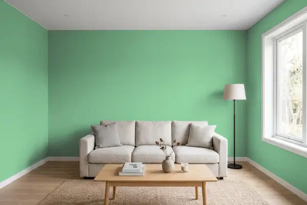 Living room with walls painted Behr Green Bank M410-5 (simulated)