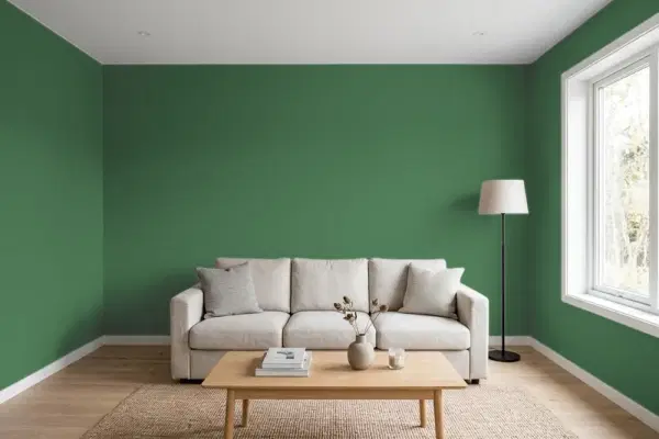 Living room with walls painted Behr Green Bottle PPH-60 (simulated)