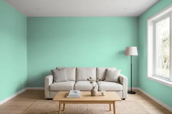 Living room with walls painted Valspar Green Charm 5008-8A (simulated)