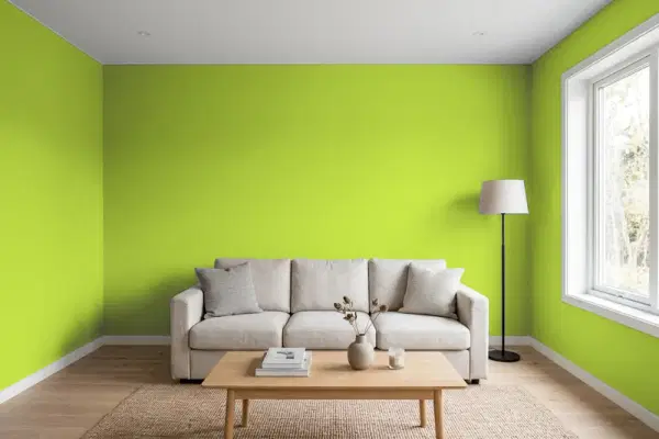 Living room with walls painted Behr Green Crush S-G-410 (simulated)