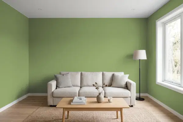 Living room with walls painted Behr Green Energy PPU10-03 (simulated)
